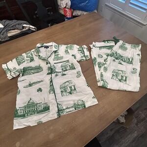 Katie Kime Pajama Set Womens Small Green Boston Toile Print Modal Cotton